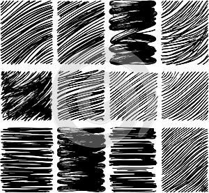 A collection of hand-drawn vector grunge textures. Square shapes filled with dense scribbles and hatching, adding dynamic texture
