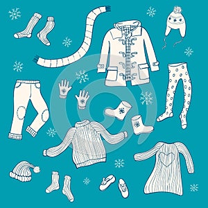 Collection of hand drawn winter clothing items:scarf, dress