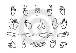 Collection of hand emoji gestures monochromic stickers