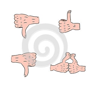 Collection of hand gestures, thumbs up, finger down, cartoon cartoon on a white background.