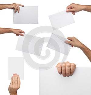 Collection of hand holding blank paper isolated