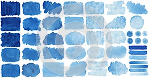 Collection of hand-made blue watercolor painted brushes, smears, blobs, stains, circles, stripes, stickers, spot, blots, slick, we