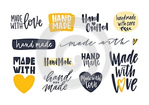 Collection of Hand Made inscriptions for labels or tags for handcrafted goods. Set of elegant lettering handwritten with photo