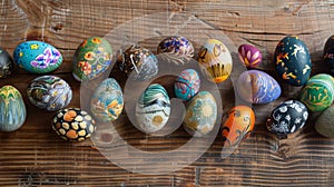 A collection of hand-painted Easter eggs displayed on a wooden table, each egg featuring unique designs and patterns inspired by