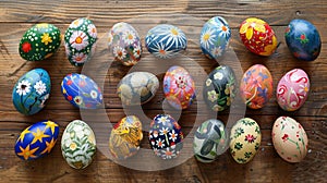 A collection of hand-painted Easter eggs displayed on a wooden table, each egg featuring unique designs and patterns inspired by