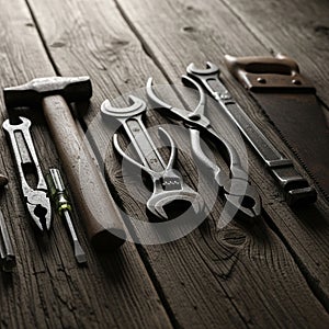 A collection of hand tools is arranged on a rustic wooden surface