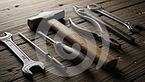 A collection of hand tools is arranged on a rustic wooden surface