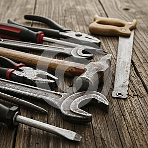 A collection of hand tools is arranged on a rustic wooden surface