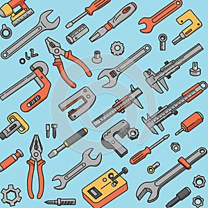 A collection of hand tools illustrated on a light blue background.