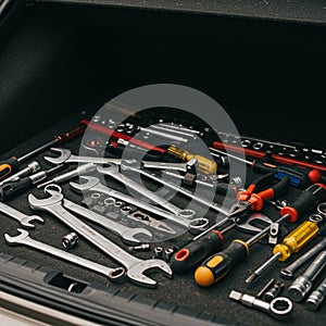 A collection of hand tools neatly arranged in a toolbox. The assortment includes