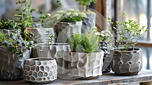 A collection of handbuilt ceramic planters each with a different texture imprinted on the surface giving them a