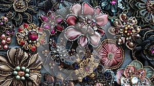 A collection of handcrafted brooches each one individually designed and made with a variety of materials such as photo