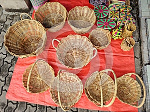 A collection of handiwork baskets sale in a market located at Ranau town in Sabah, Malaysia