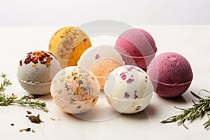 A collection of handmade bath bombs made from natural ingredients on a white background.