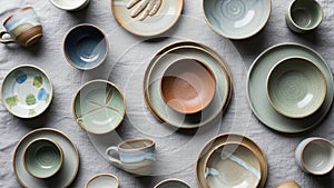 Collection of handmade ceramic tableware is arranged on a light fabric