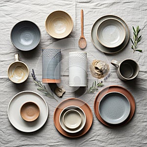 Ceramic tableware is arranged on a textured light gray fabric