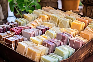 collection of handmade goat milk soaps from a farm