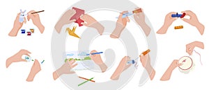 Collection handmade hobbies vector flat illustration. Set of human hands doing crafts activity