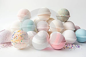 A collection of handmade, natural ingredient bath bombs displayed against a white background