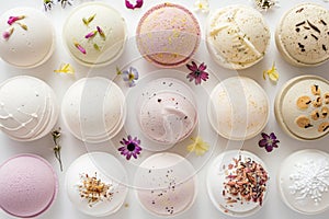 A collection of handmade, natural ingredient bath bombs displayed against a white background,top view