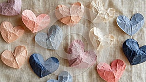 Collection of Handmade Paper Hearts on Textured Fabric