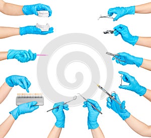 Collection of hands holding dental tools