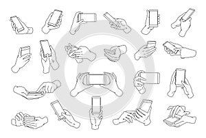 Collection of hands holding modern smartphone drawn with black contour lines. Bundle of outline drawings of palms and