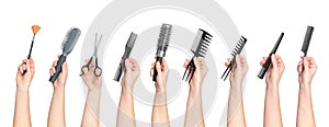 Collection of hands holding tools for hair salon