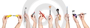 Collection of hands holding tools for makeup