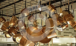 Collection hanging copper-colored pans