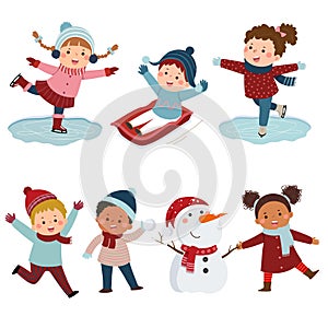 Collection of happy kids playing snow in winter