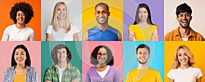 Collection of happy multiracial young people portraits on studio backgrounds