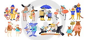 Collection of happy parent and baby wild animals, fish and birds. Set of cute funny amusing cartoon characters isolated