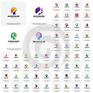 Collection of Head intelligence logo designs concept vector, Head Tech, Colorful Mind, Nature Head, Head Heal, Heat gear, head lov