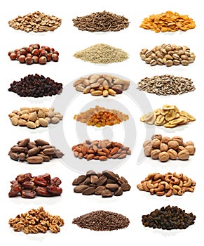 Collection of healthy dried fruits, cereals, seeds and nuts