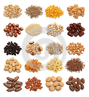 Collection of healthy dried fruits, cereals, seeds and nuts isolated