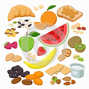 Collection of healthy snacks isolated on white background. Healthy foods Vector illustration in flat design.
