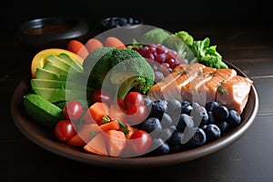 a collection of healthy vegetables and fruits on a plate with a black background