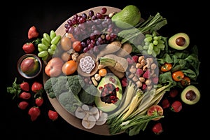 a collection of healthy vegetables and fruits on a tray with a black background