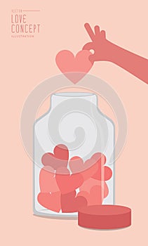 Collection, heart or love in a glass jar flat vector.