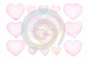 Collection Heart shape Watercolor brush paint pastel on white paper texture background for love wedding or valentines day