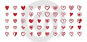 Collection of heart shapes draw the hand. Set of scribble red hearts icon. Symbol of love. Design elements for Valentine`s Day.
