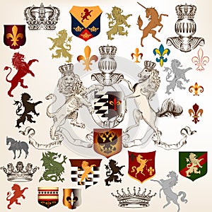 Collection of heraldic decorative elements fleur de lis, shields photo