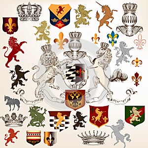 Collection of heraldic decorative elements fleur de lis, shields