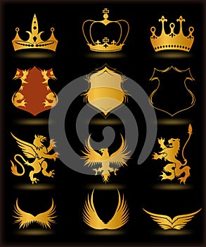 Collection heraldic gold elements on black
