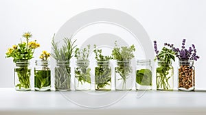 a collection of herbs and flowers in glass jars arranged on a white shelf