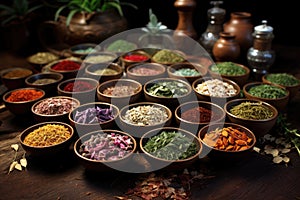 a collection of herbs and spices in small bowls