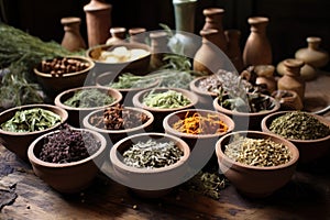 a collection of herbs and spices in small bowls