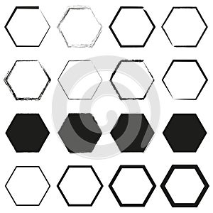 Collection of hexagon frames. Varied border designs. Geometric shapes set. Vector illustration. EPS 10.