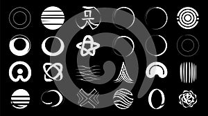 a collection of highcontrast zen design elements bold flat white icons on a solid black background inspired by thick Japanese